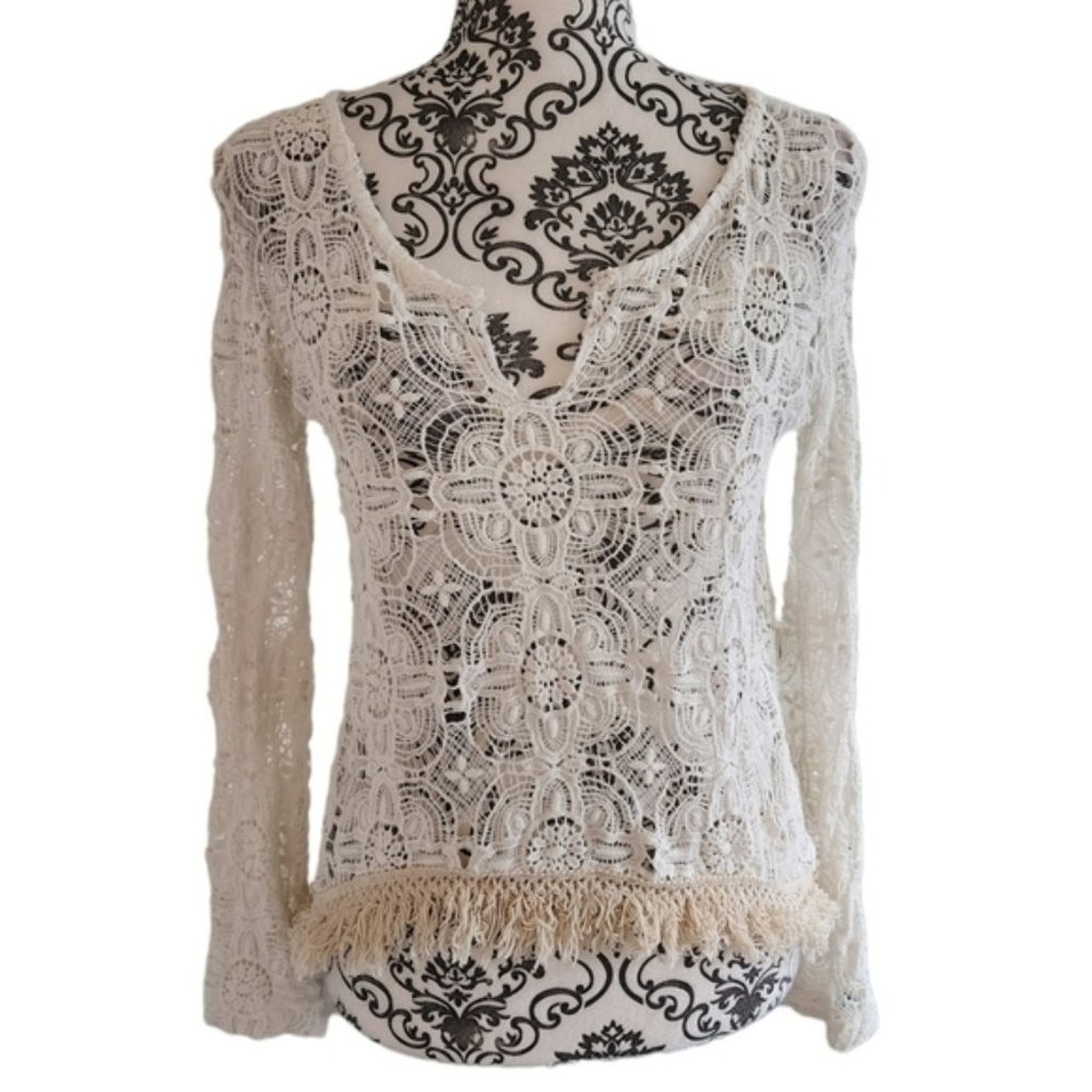 Surf Gypsy Top Beach Crochet Long Sleeve White Cream Fringe Hem Womens Small